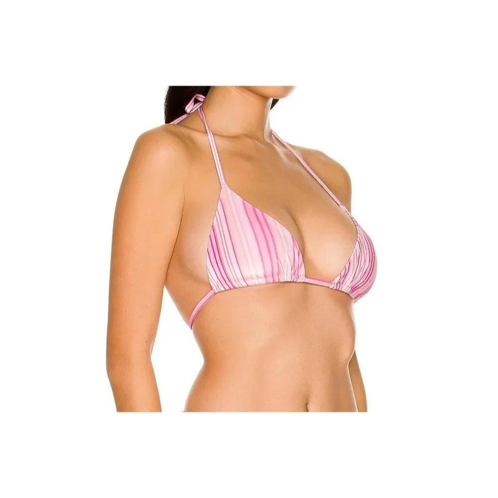 Frankies Bikinis Tia Velvet Bikini Top Halter Tie Back Solar Stripe Pink XXL